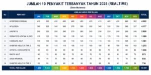 Jumlah 10 Penyakit Terbanyak Tahun 2025 (Realtime)